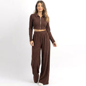 Plain Zipper Ladies Pajama Set - Brown