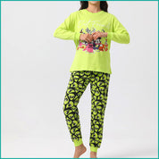 Mickey Friends Ladies Full Sleeves Cotton Pajama Set - Green