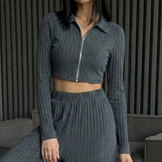 Plain Zipper Ladies Pajama Set - Grey