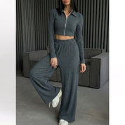 Plain Zipper Ladies Pajama Set - Grey