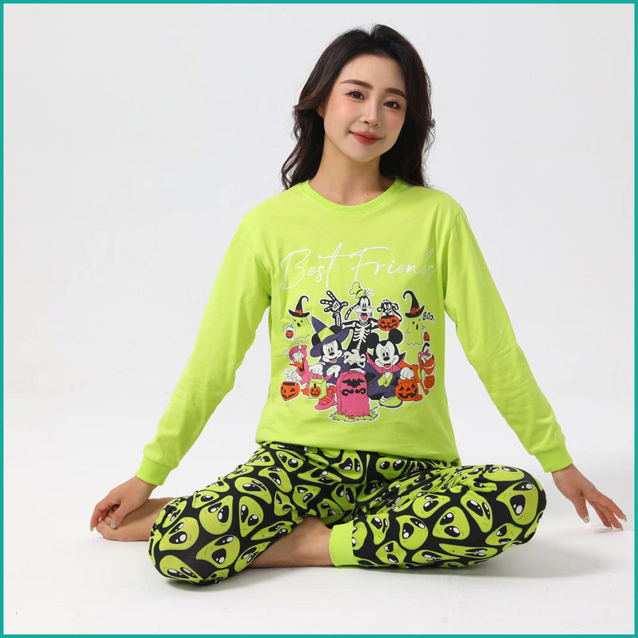 Mickey Friends Ladies Full Sleeves Cotton Pajama Set - Green