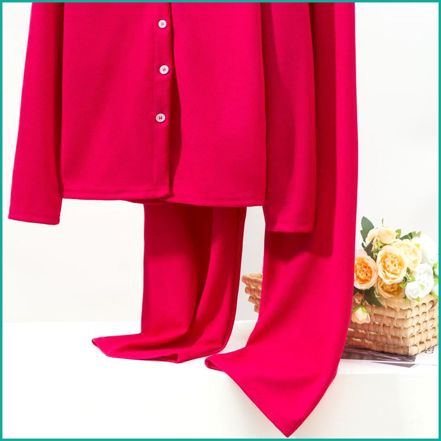 V-Neck Plain Full Sleeves Ladies Pajama Set - Hot Pink