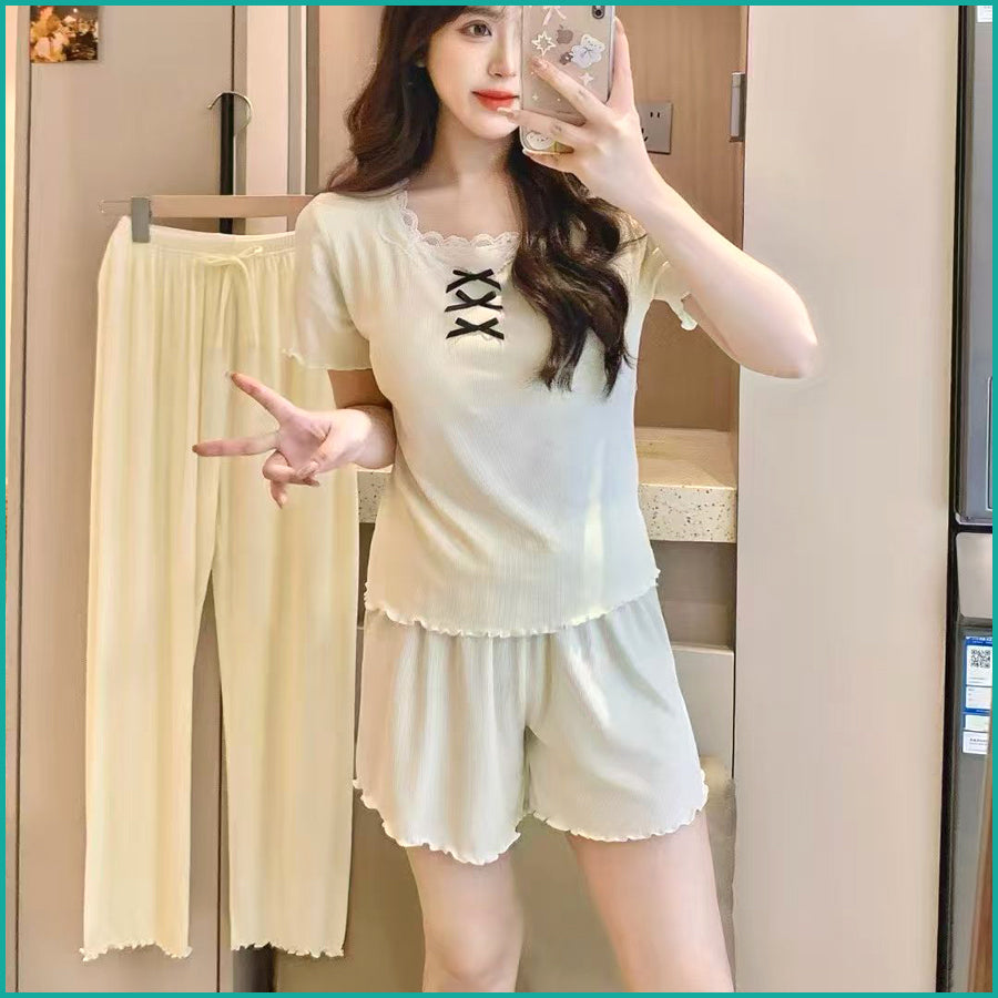 Ladies 3 Pcs Set Loungewear Pajama Set - Beige