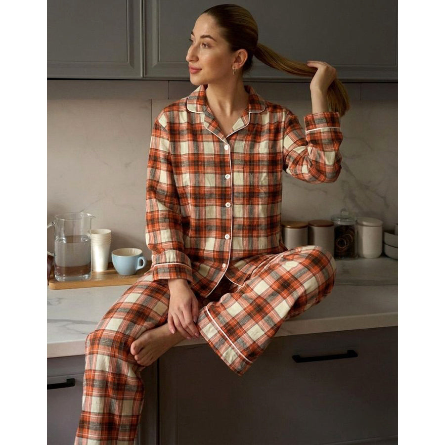 Checks Ladies Front Open Pajama Set - Orange Grey