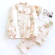 Floral Ladies Cotton Winter Front Open Loungewear Set - White