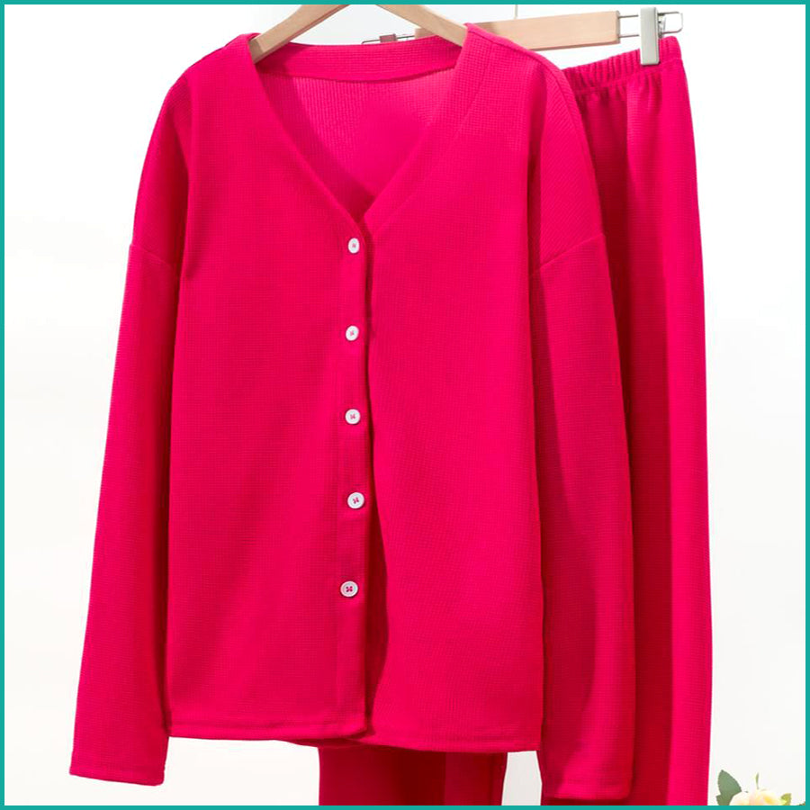 V-Neck Plain Full Sleeves Ladies Pajama Set - Hot Pink