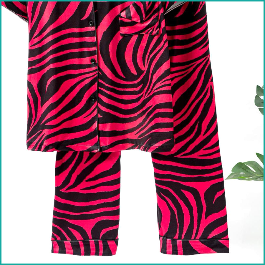 Zebra Print Ladies Front Open Pajama Set - Red