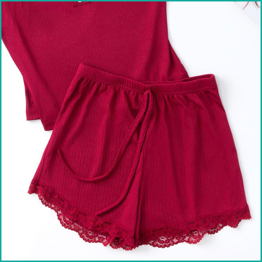 Plain 2 Buttons Ladies Shorts Set - Red