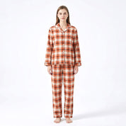 Checks Ladies Front Open Pajama Set - Orange Grey