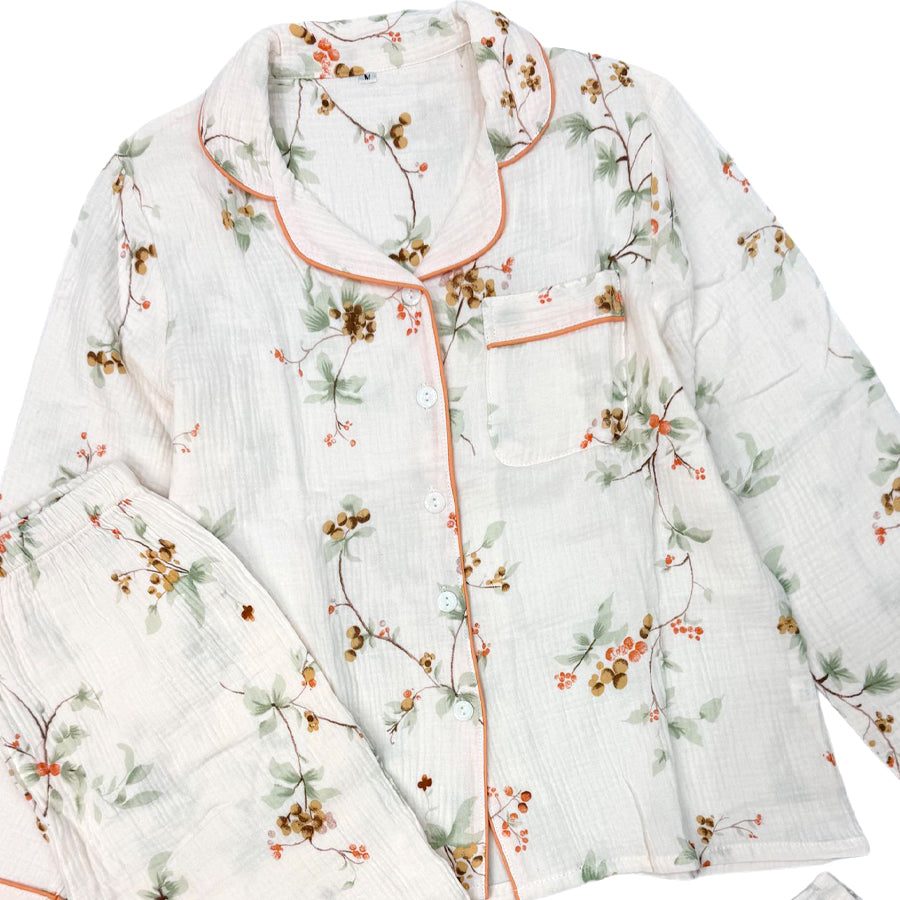 Floral Ladies Cotton Winter Front Open Loungewear Set - White