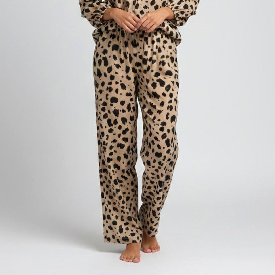 Tiger Print Ladies Linen Pajama Loungewear - Cream
