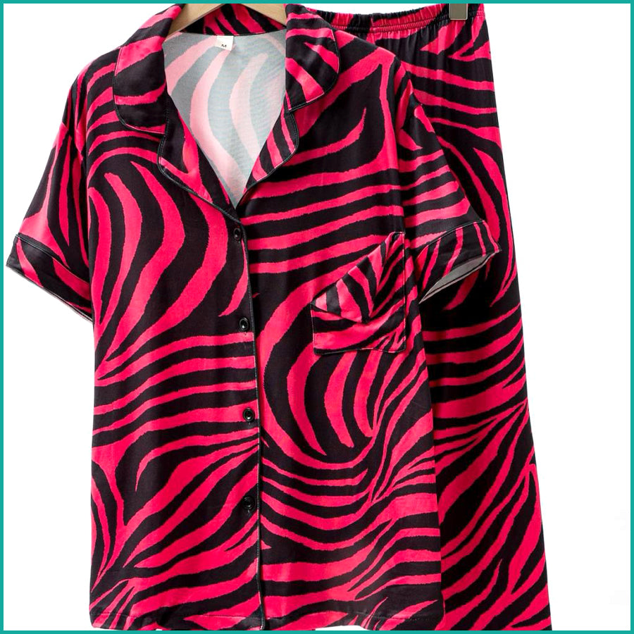 Zebra Print Ladies Front Open Pajama Set - Red