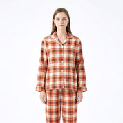Checks Ladies Front Open Pajama Set - Orange Grey
