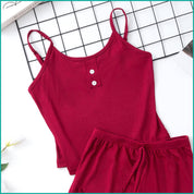 Plain 2 Buttons Ladies Shorts Set - Red