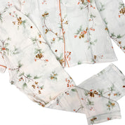 Floral Ladies Cotton Winter Front Open Loungewear Set - White