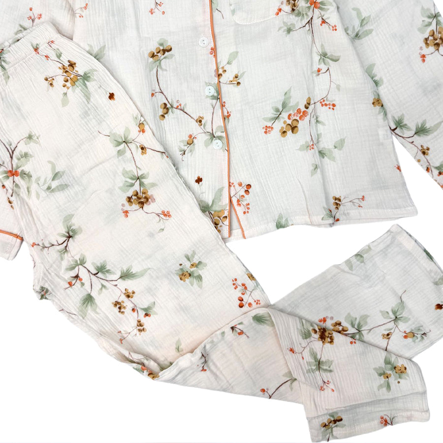 Floral Ladies Cotton Winter Front Open Loungewear Set - White