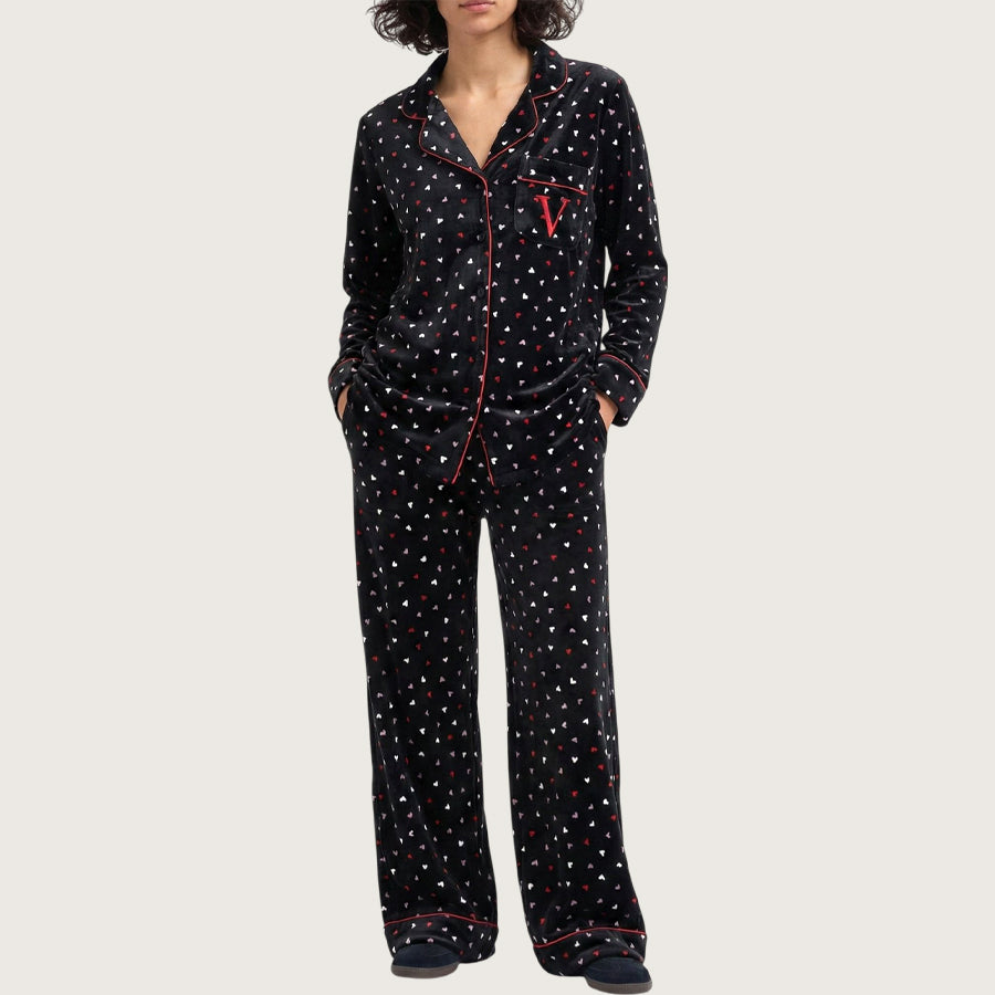 Dots Ladies Velvet Material Loungewear Set - Black