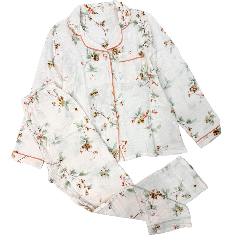 Floral Ladies Cotton Winter Front Open Loungewear Set - White