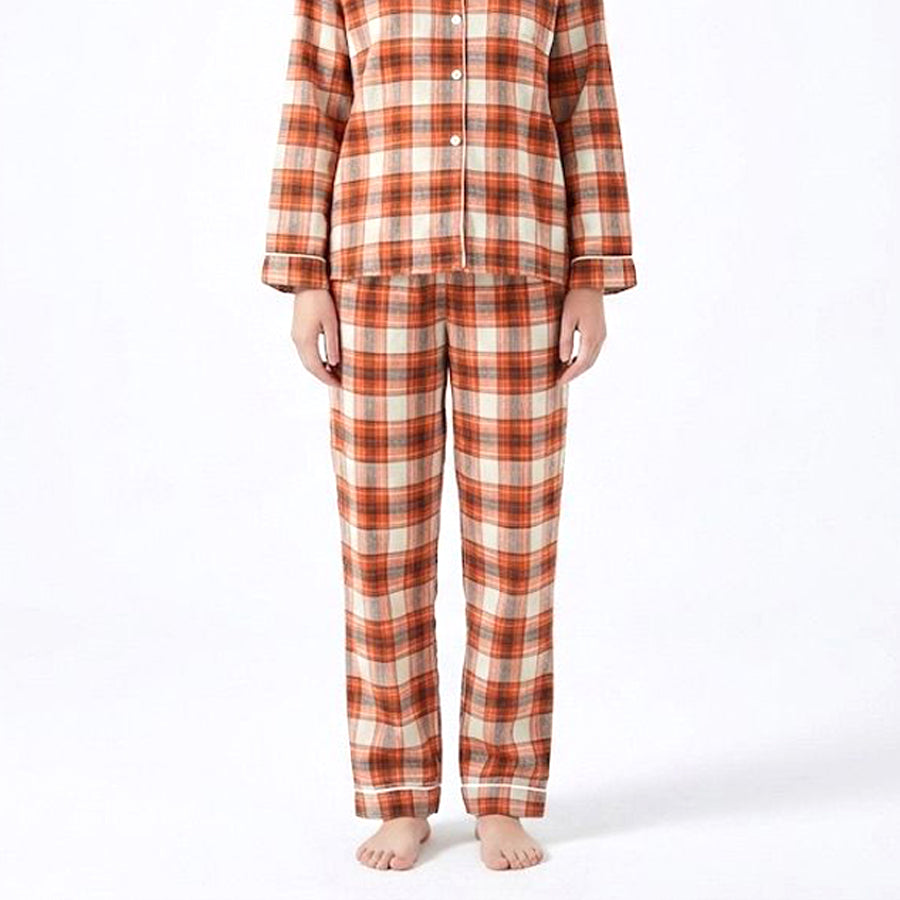 Checks Ladies Front Open Pajama Set - Orange Grey