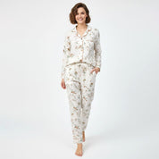 Floral Ladies Cotton Winter Front Open Loungewear Set - White