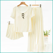Ladies 3 Pcs Set Loungewear Pajama Set - Beige