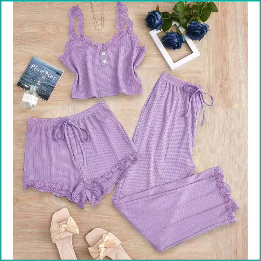 Plain Lace Ladies Crop T-Shirt loungewear 3 Pcs Set - Purple