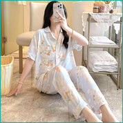 Light Rose Ladies Linen Material Pajama Set - Blue
