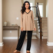 Dots Ladies Loungewear Front Open Pajama Set - Brown Black