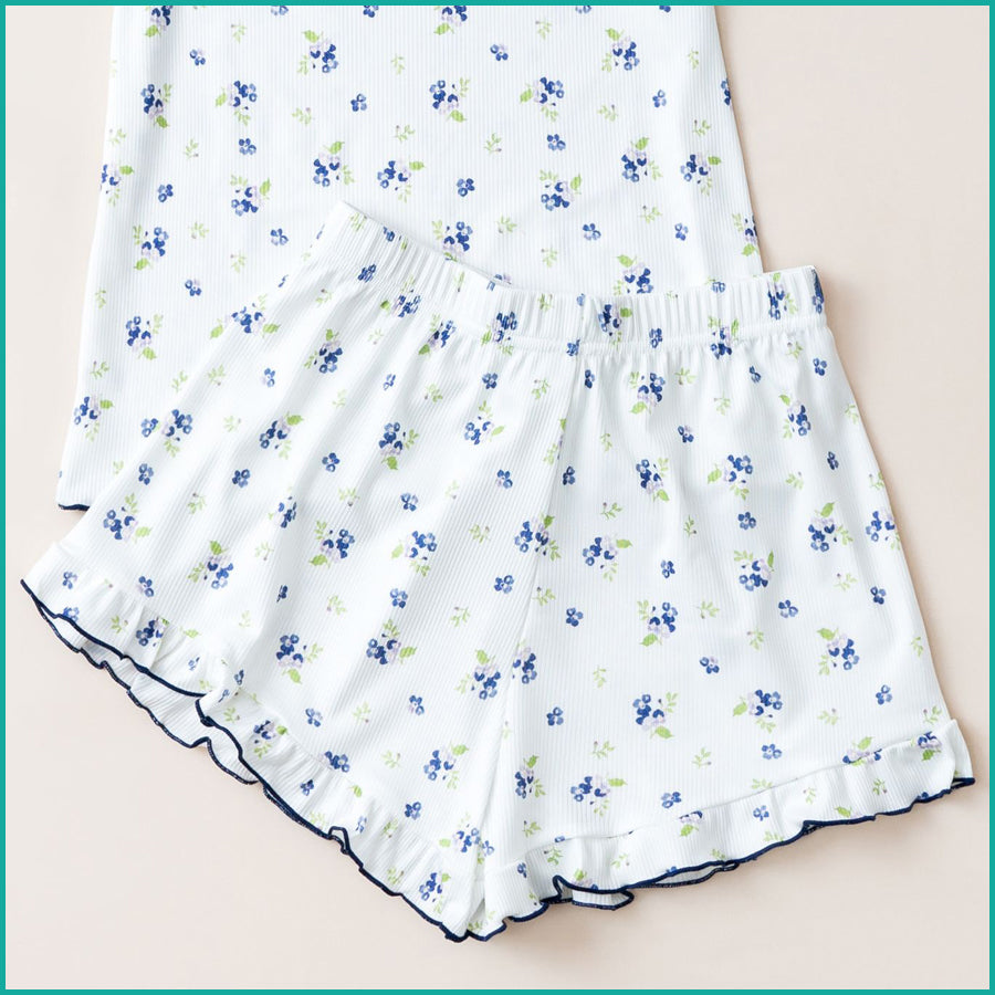 Floral Ladies Crop T-Shirt with Shorts - Blue