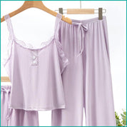 Plain Lace Ladies Crop T-Shirt loungewear 3 Pcs Set - Purple