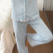 Checks Bow Ladies Pajama Set - Blue