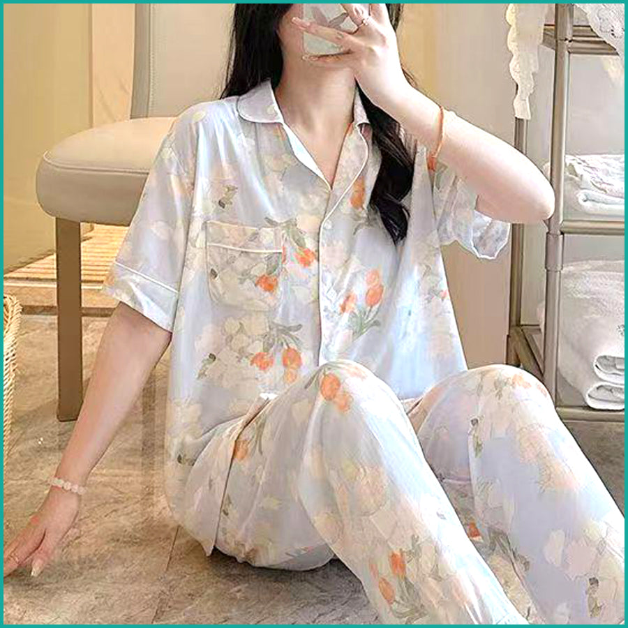 Light Rose Ladies Linen Material Pajama Set - Blue