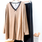 Dots Ladies Loungewear Front Open Pajama Set - Brown Black
