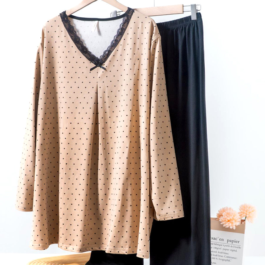 Dots Ladies Loungewear Front Open Pajama Set - Brown Black