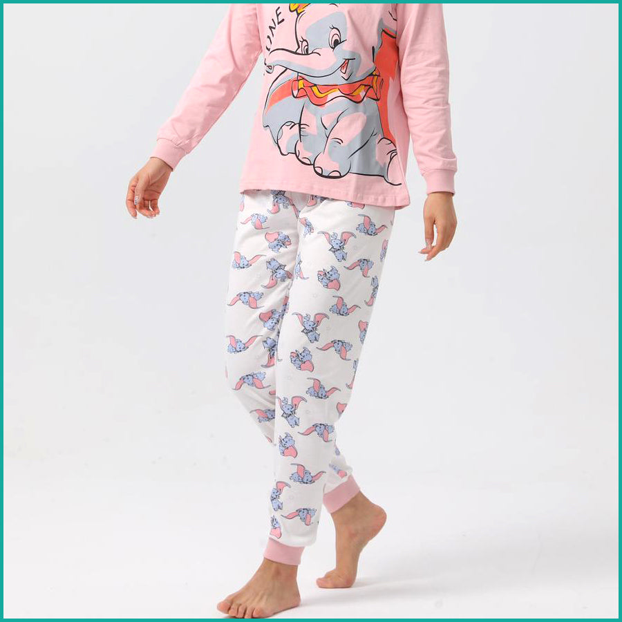 Little Dumbo Ladies Full Sleeves Cotton Pajama Set - Pink