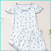 Floral Ladies Crop T-Shirt with Shorts - Blue