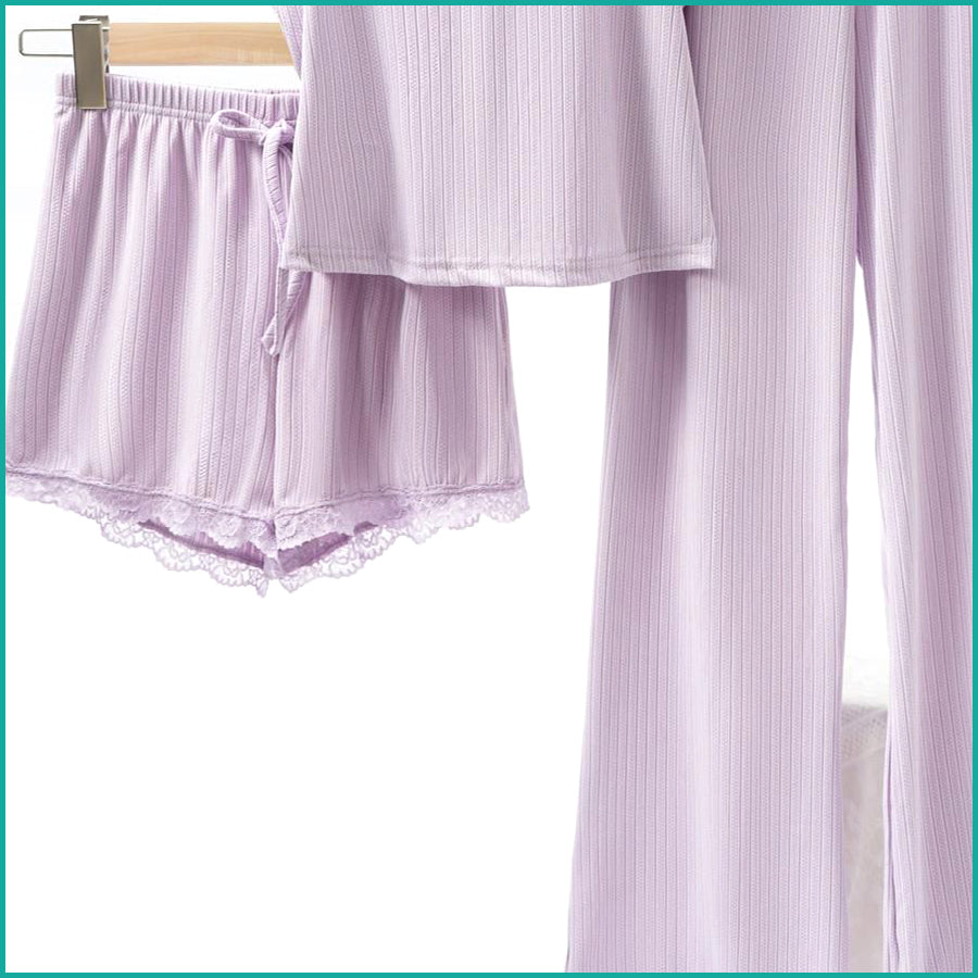 Plain Lace Ladies Crop T-Shirt loungewear 3 Pcs Set - Purple