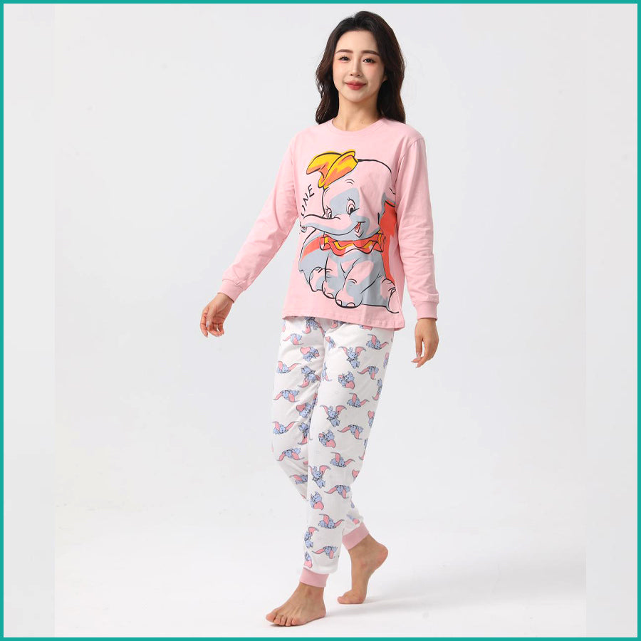 Little Dumbo Ladies Full Sleeves Cotton Pajama Set - Pink