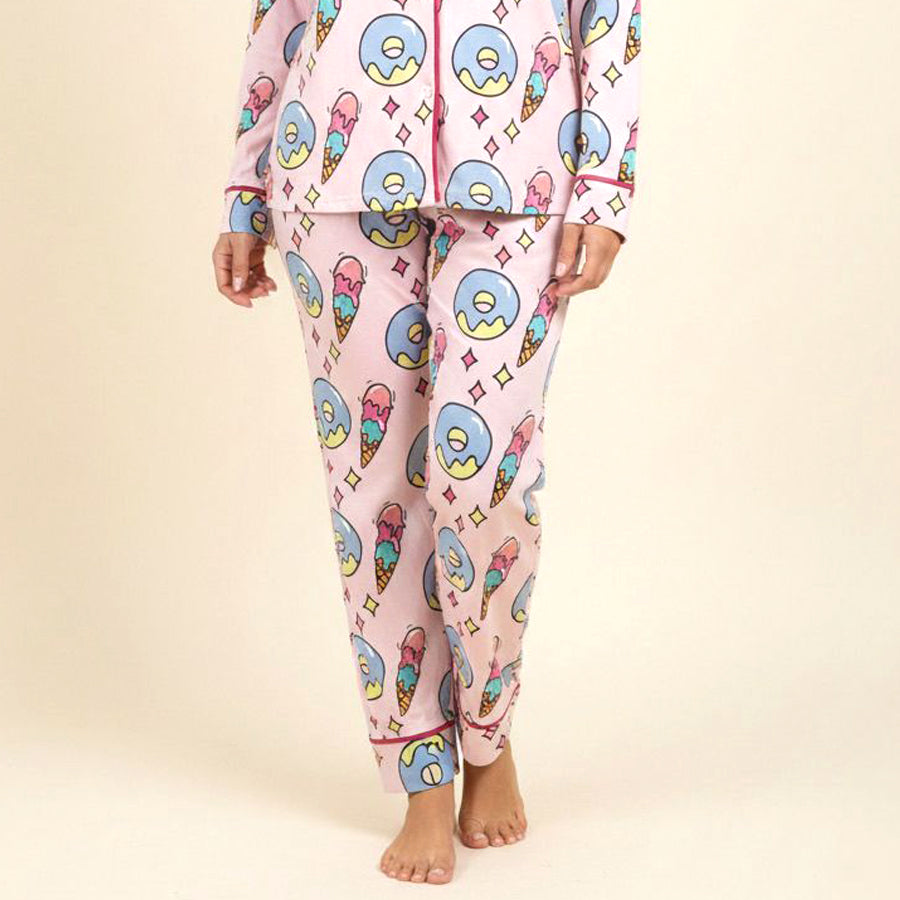 Donuts Ladies Front Open Pajama Set - Pink