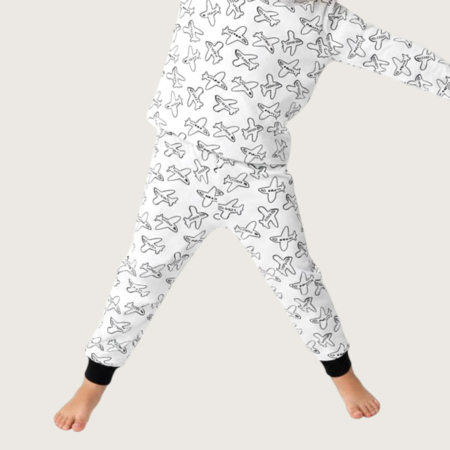 Airplane Boys Full Sleeves Pajama Set - White