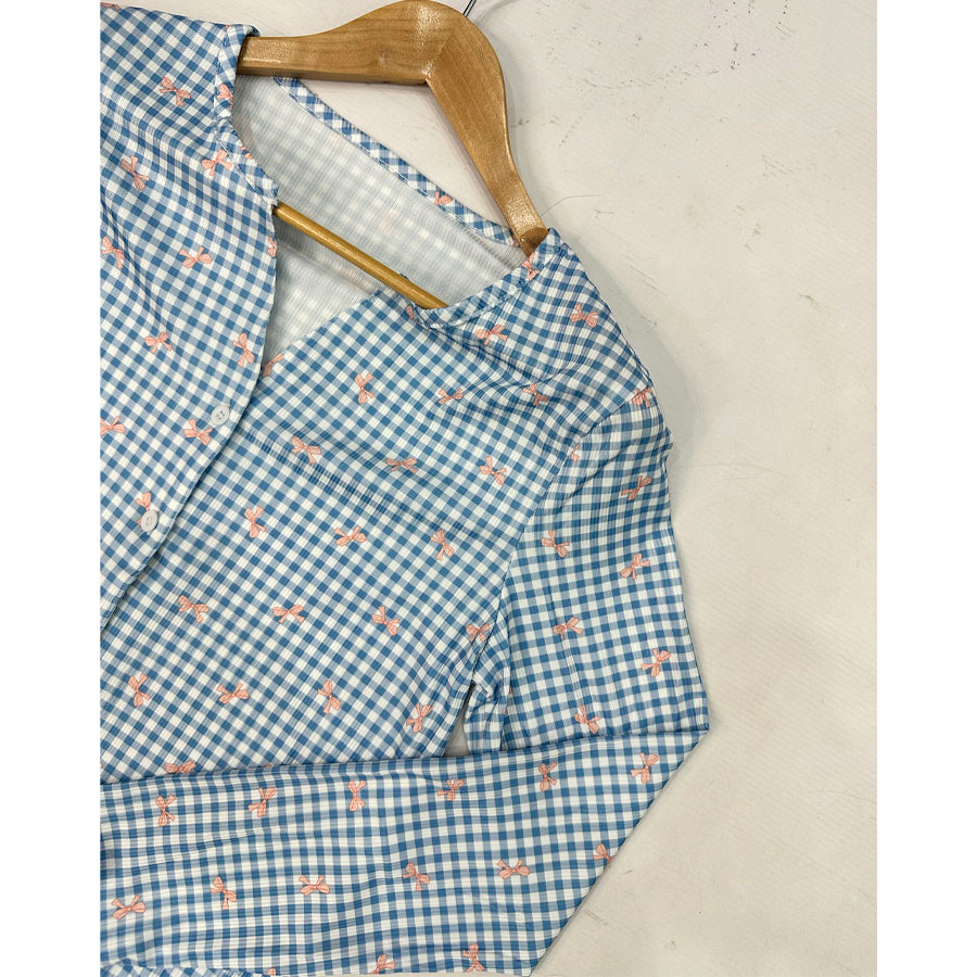 Checks Bow Ladies Pajama Set - Blue