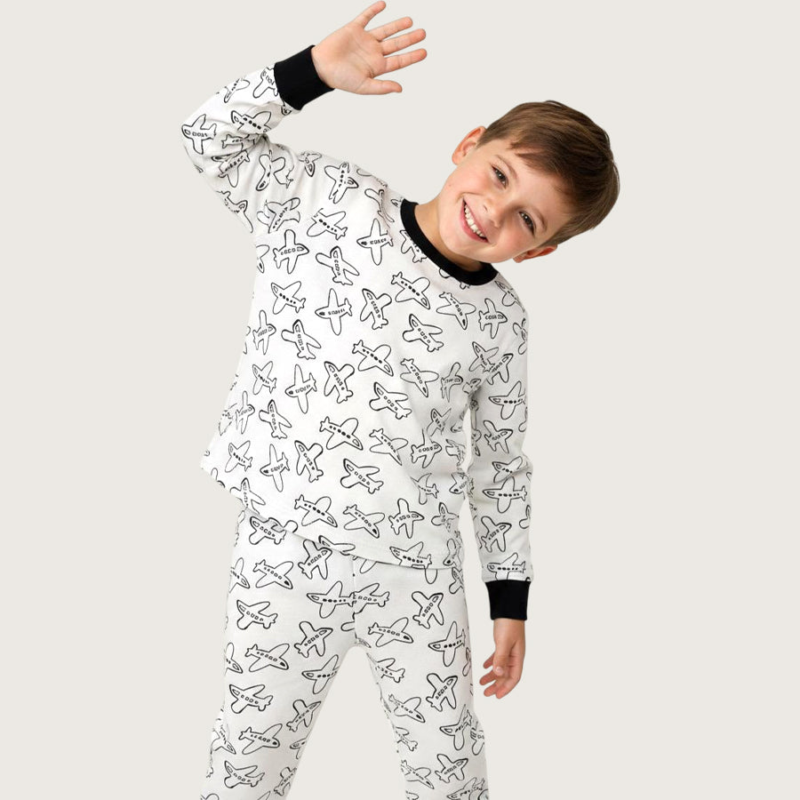 Airplane Boys Full Sleeves Pajama Set - White