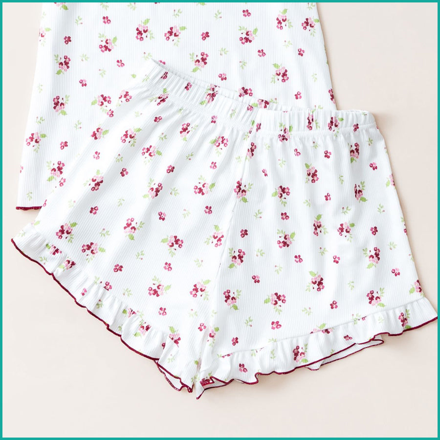 Floral Ladies Crop T-Shirt with Shorts - Red