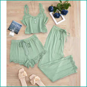 Plain Lace Ladies Crop T-Shirt loungewear 3 Pcs Set - Green