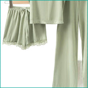 Plain Lace Ladies Crop T-Shirt loungewear 3 Pcs Set - Green