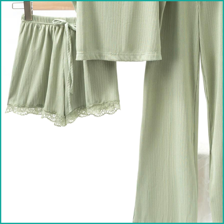 Plain Lace Ladies Crop T-Shirt loungewear 3 Pcs Set - Green