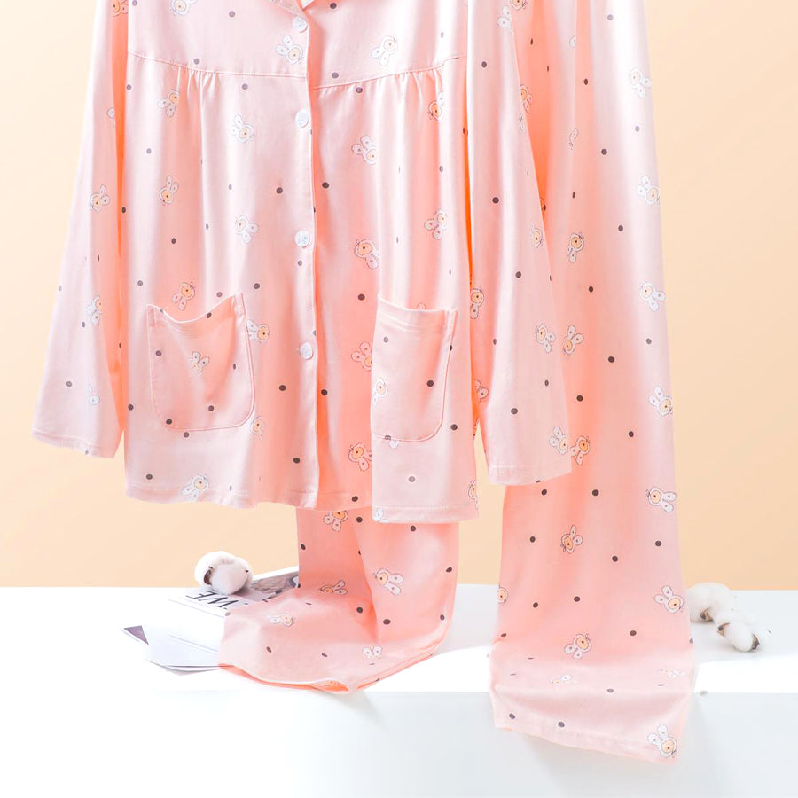Teddy Dots Ladies Loungewear Front Open Pajama Set - Pink