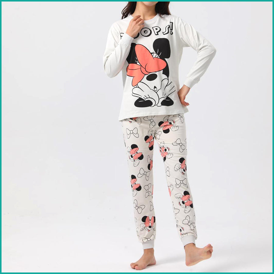 Minnie OOPS Ladies Full Sleeves Cotton Pajama Set - White