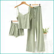 Plain Lace Ladies Crop T-Shirt loungewear 3 Pcs Set - Green