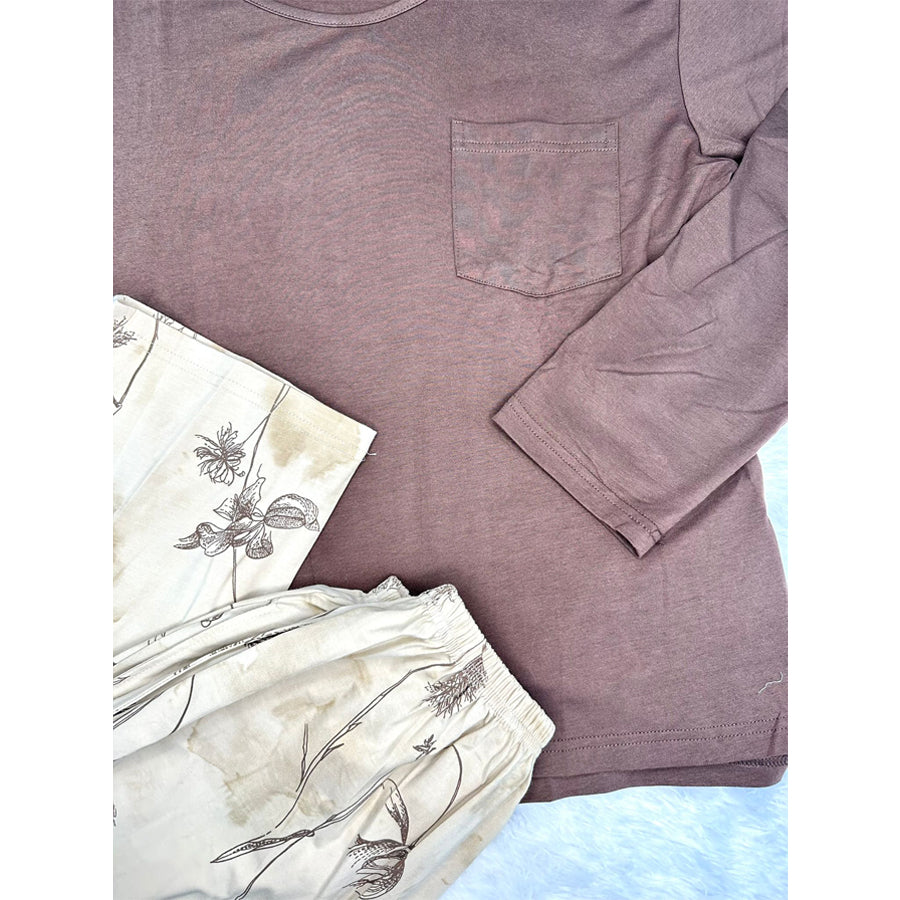 Flower Ladies Pajama Set - Brown Cream